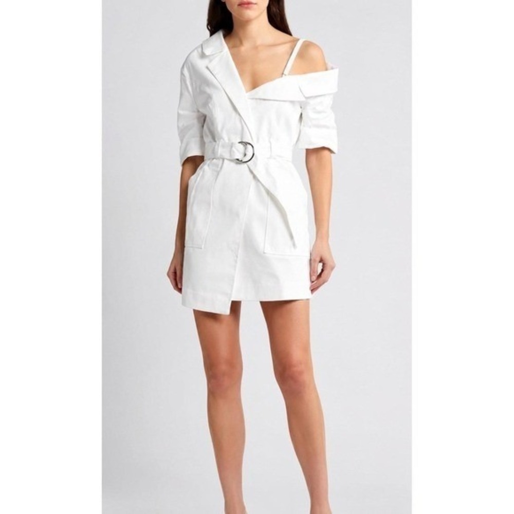 Cinq a Sept Dress Womens 0 White Excellent Asymmetrical One Shoulder Mini Belted
